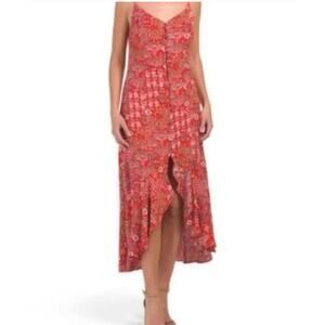 Abel The Label Lola Sundress Dress Button Front Hi Low Midi Red Floral Medium